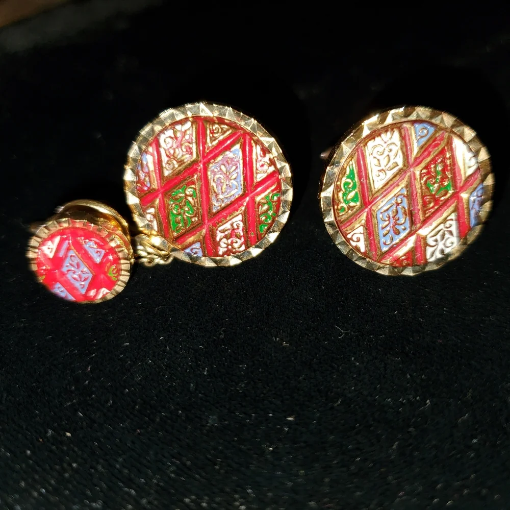 Red and Gold Harlequin Diamond Cufflinks Tie Tack Set 1950's 1960's Mid-century